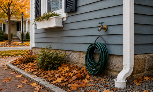 Fall home maintenance in Greater Boston with a disconnected garden hose and downspout draining into a French drain beside a traditional New England home