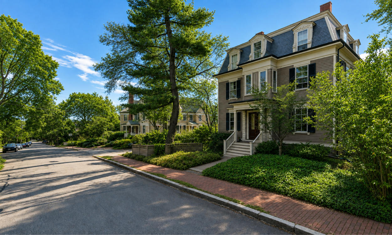 Residential streetscape with single-family and multifamily homes in Cambridge Massachusetts during summer