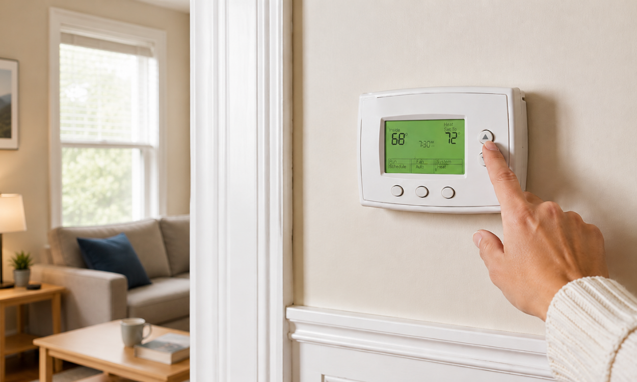 Tenant turning up an older thermostat in a Greater Boston rental home at the start of Massachusetts heating season.