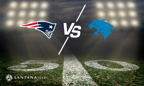 New England Patriots vs. Carolina Panthers game graphic with team logos and football field background, Santana Team giveaway promotion