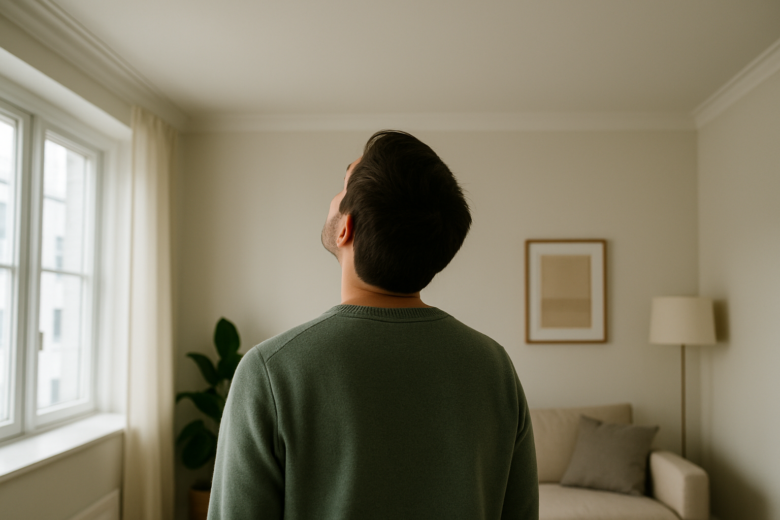 Person standing in a quiet, softly lit apartment, seen from behind and looking up toward the ceiling as if listening for a sound.
