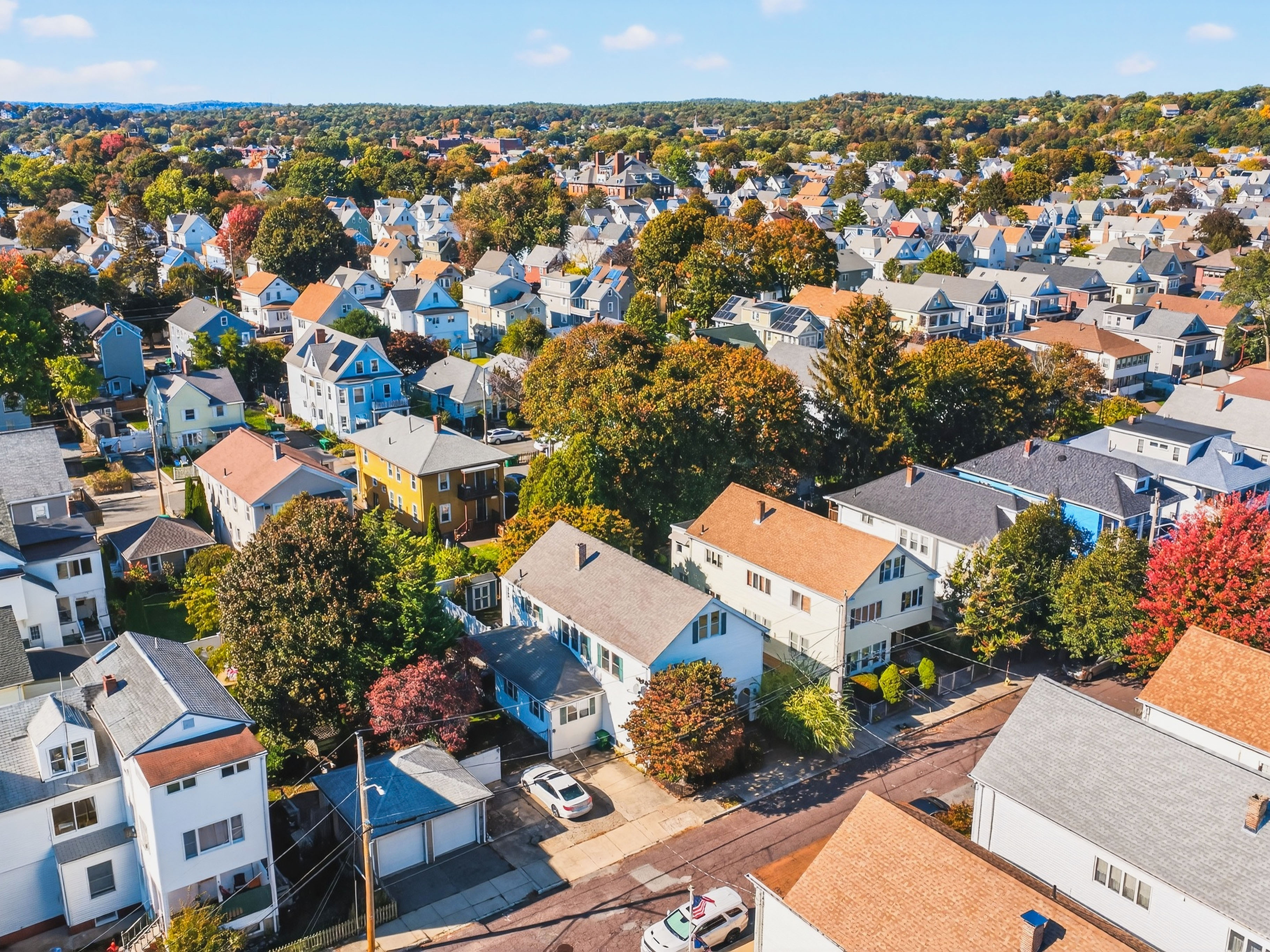 Aerial view of single-family homes and tree-lined streets in the Glenwood neighborhood of Medford, Massachusetts