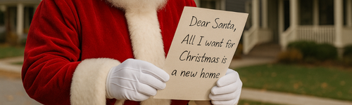 Santa pointing with the phrase SANTAna is REAL estate