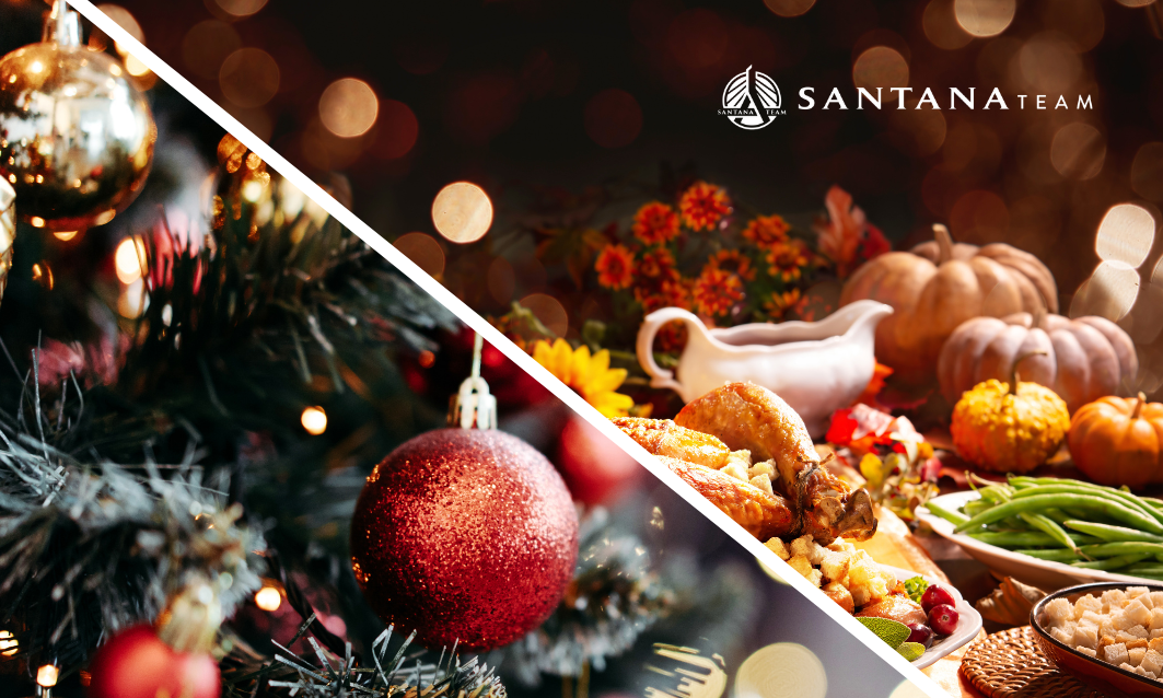 Christmas ornaments on a decorated tree on the left side and a Thanksgiving dinner spread with turkey, pumpkins, and fall decor on the right, divided diagonally with the Santana Team logo above.