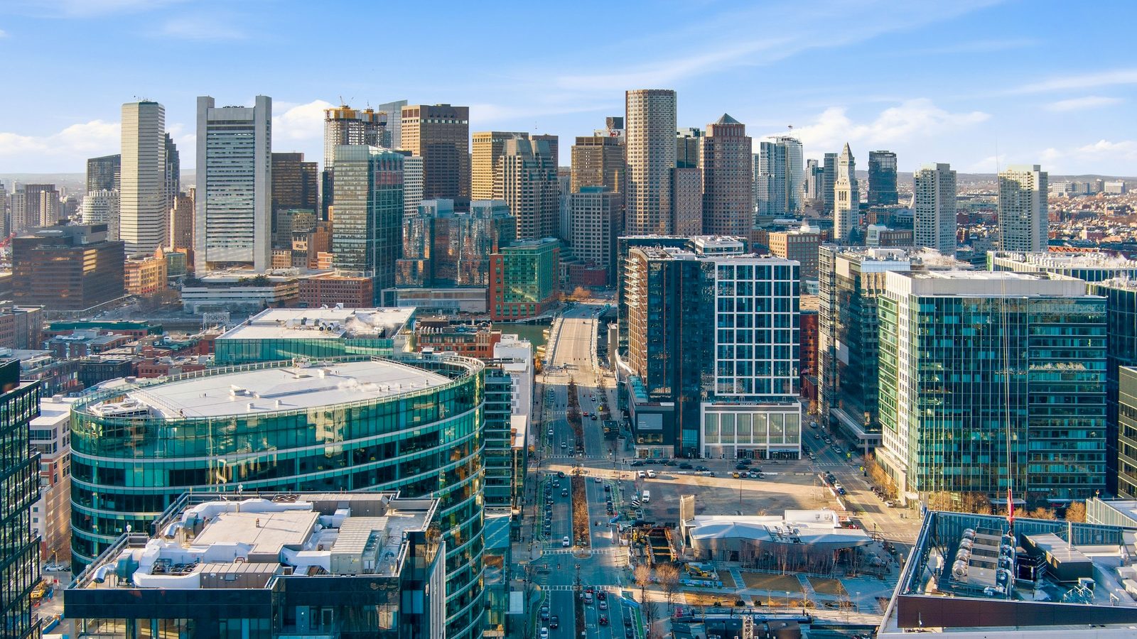 Downtown Boston skyline seen from above the Seaport District on a sunny day