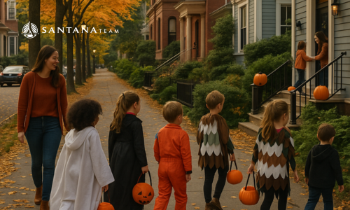 Kids in Halloween costumes walking up to decorated homes on a fall evening in Cambridge, Massachusetts