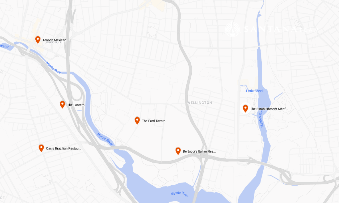 Map of family-friendly restaurants in Medford, MA including Bertucci’s, Oasis Brazilian, The Lantern, Tenoch, The Establishment, and The Ford Tavern.