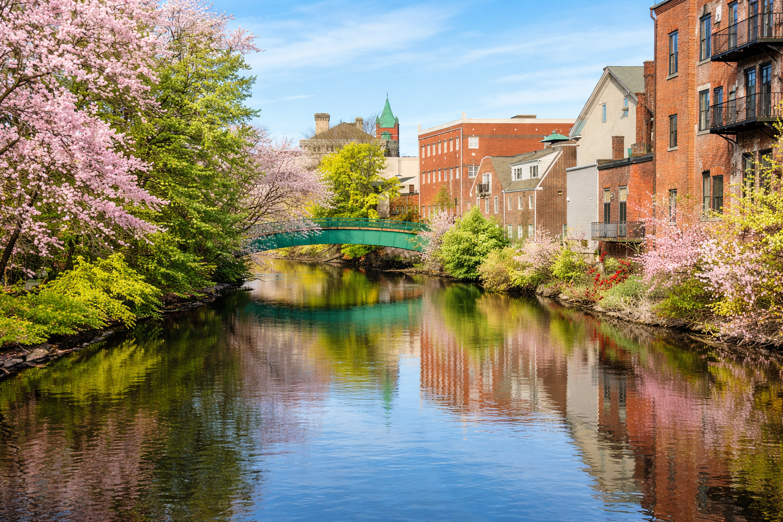Spring view of the Mystic River in Medford MA with bridge and historic buildings, representing the local real estate market in 2026