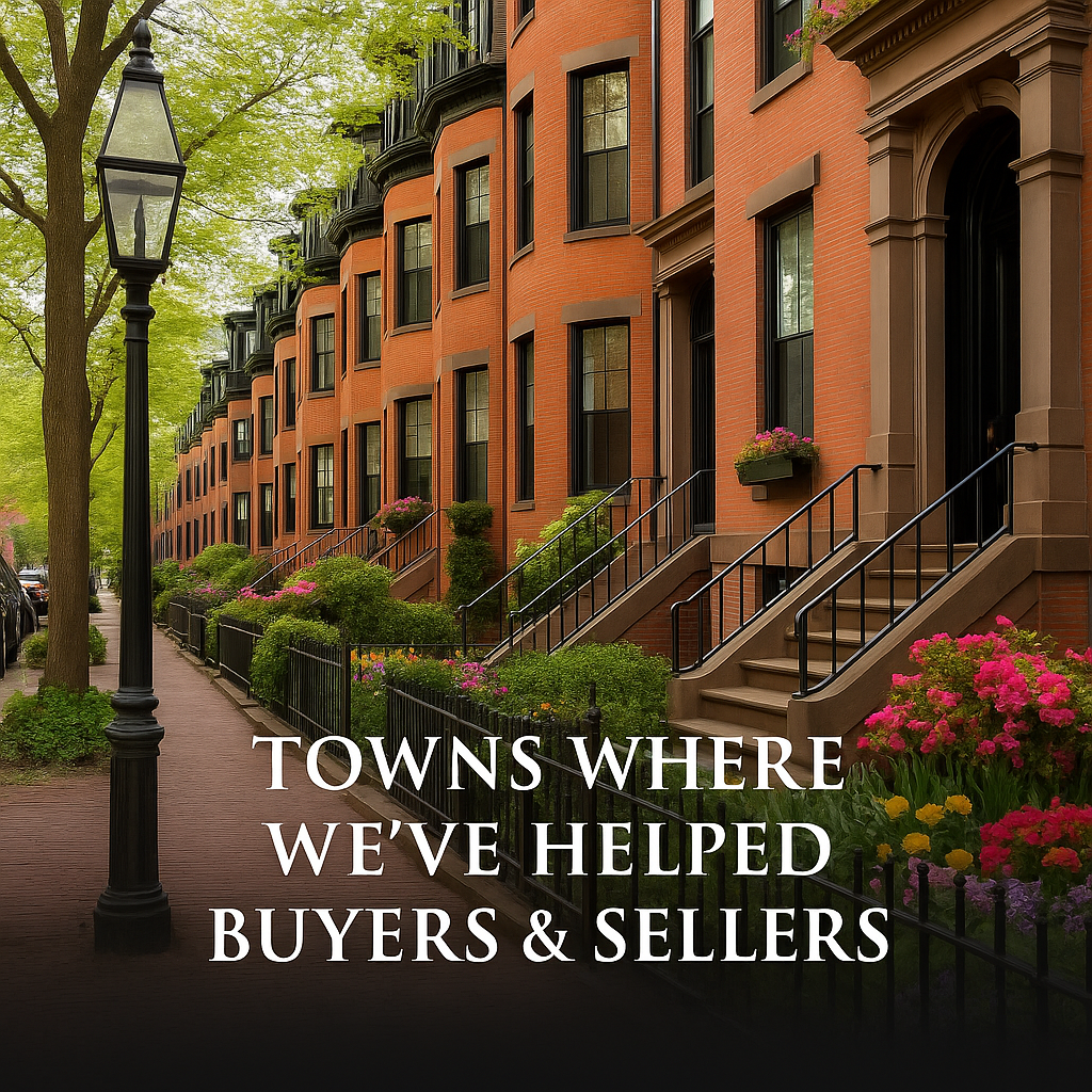 Boston brownstone homes with spring greenery and colorful flowers in front gardens, with a soft black gradient fade and white text reading ‘Towns Where We’ve Helped Buyers & Sellers.’