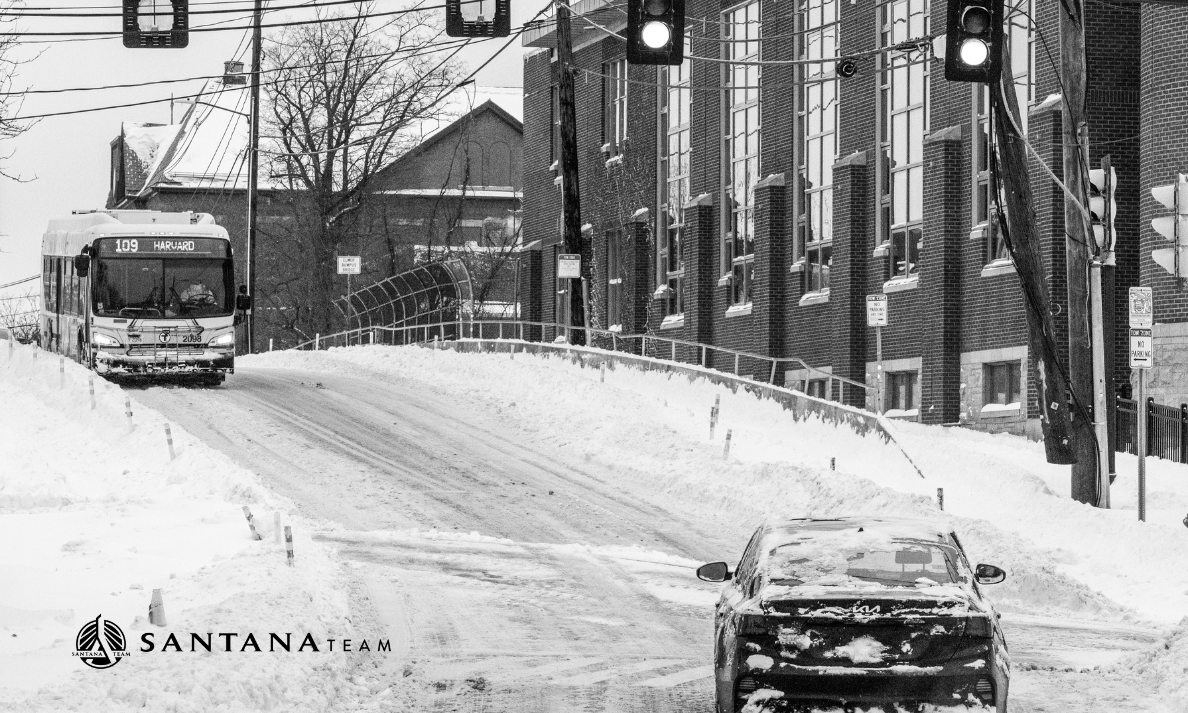 Snow-covered Somerville street during a February blizzard in Greater Boston