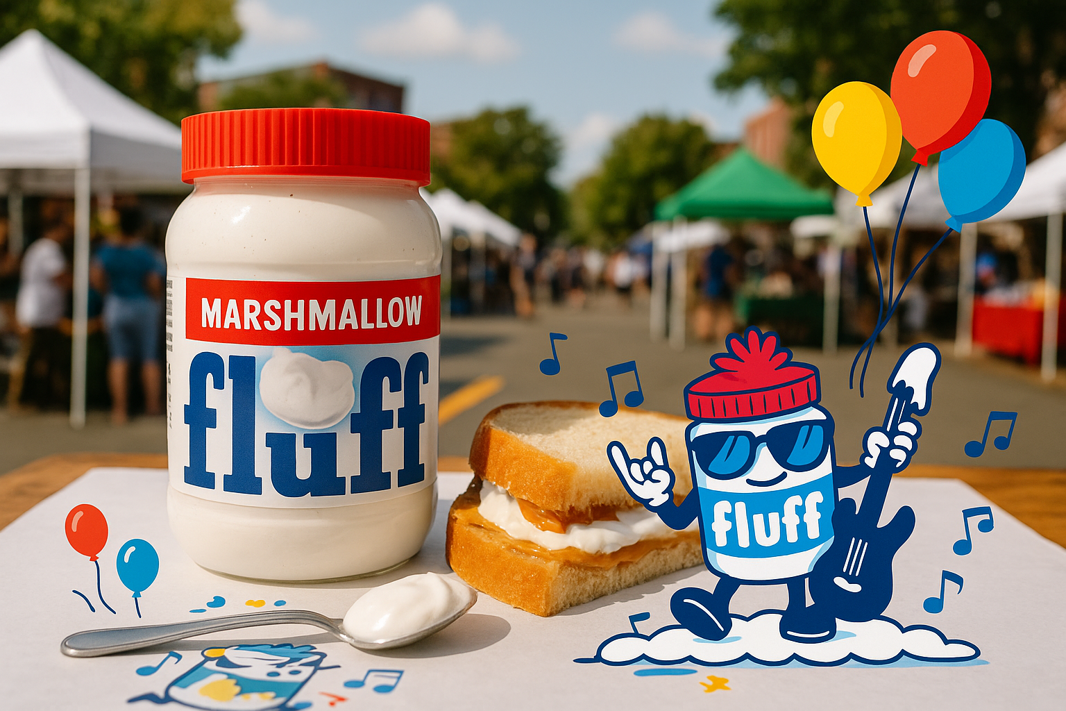 Jar of Marshmallow Fluff with a Fluffernutter sandwich, cartoon Fluff mascot, balloons, and music notes at the Fluff Festival in Union Square Somerville.