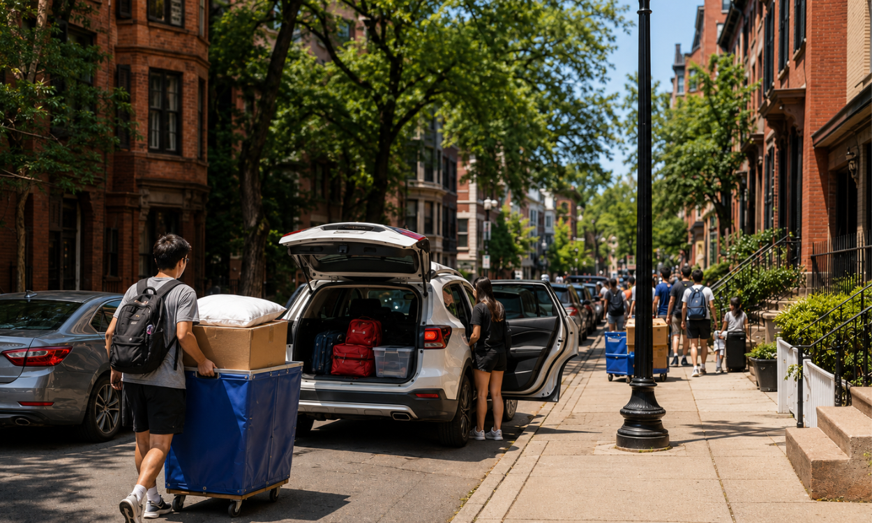 Students moving into brick rowhouses in Greater Boston during late August college move-in week