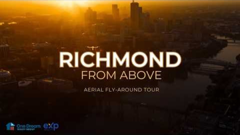Aerial drone view of the Richmond, VA skyline and the James River