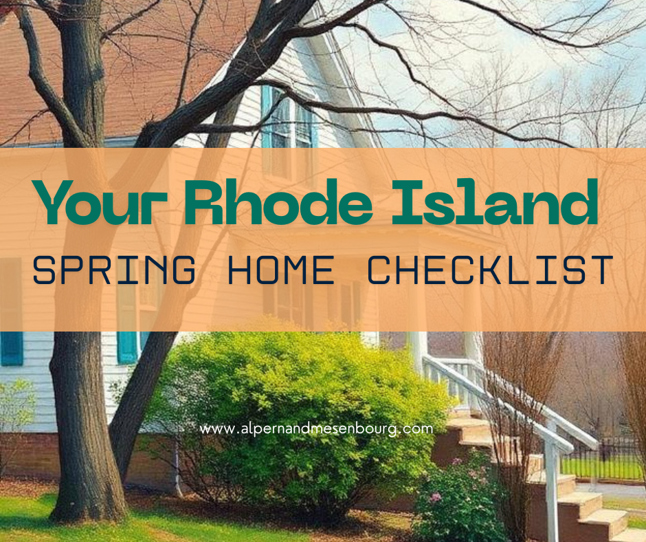 Homeowner completing early spring maintenance on a Rhode Island property with blooming plants.