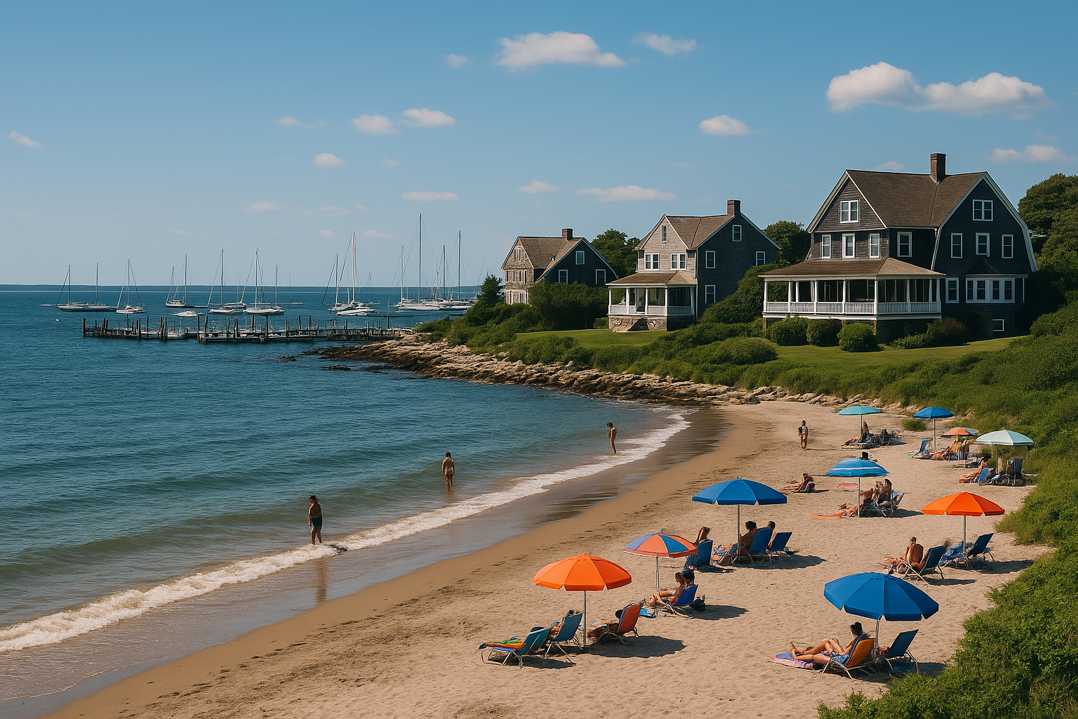 A scenic view of a New England coastal beach on a sunny summer day, with colorful umbrellas and people relaxing on the sand. In the background, historic shingle-style homes overlook the shoreline, and sailboats are docked at a nearby marina on calm blue waters.