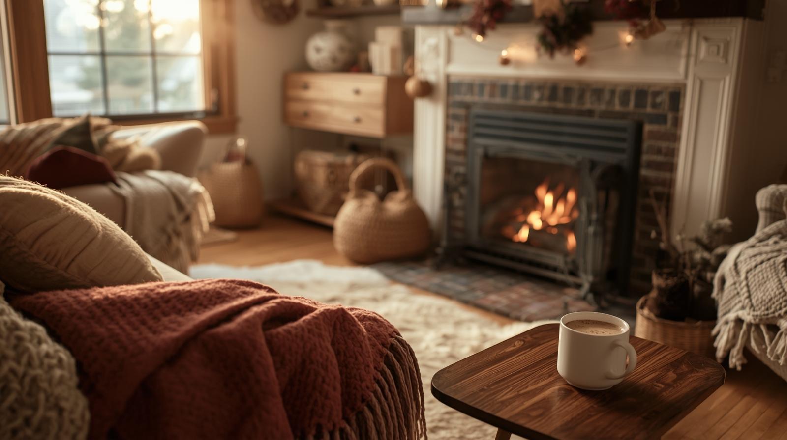 Cozy Rhode Island living room with warm lighting and soft winter décor during the late-winter season.