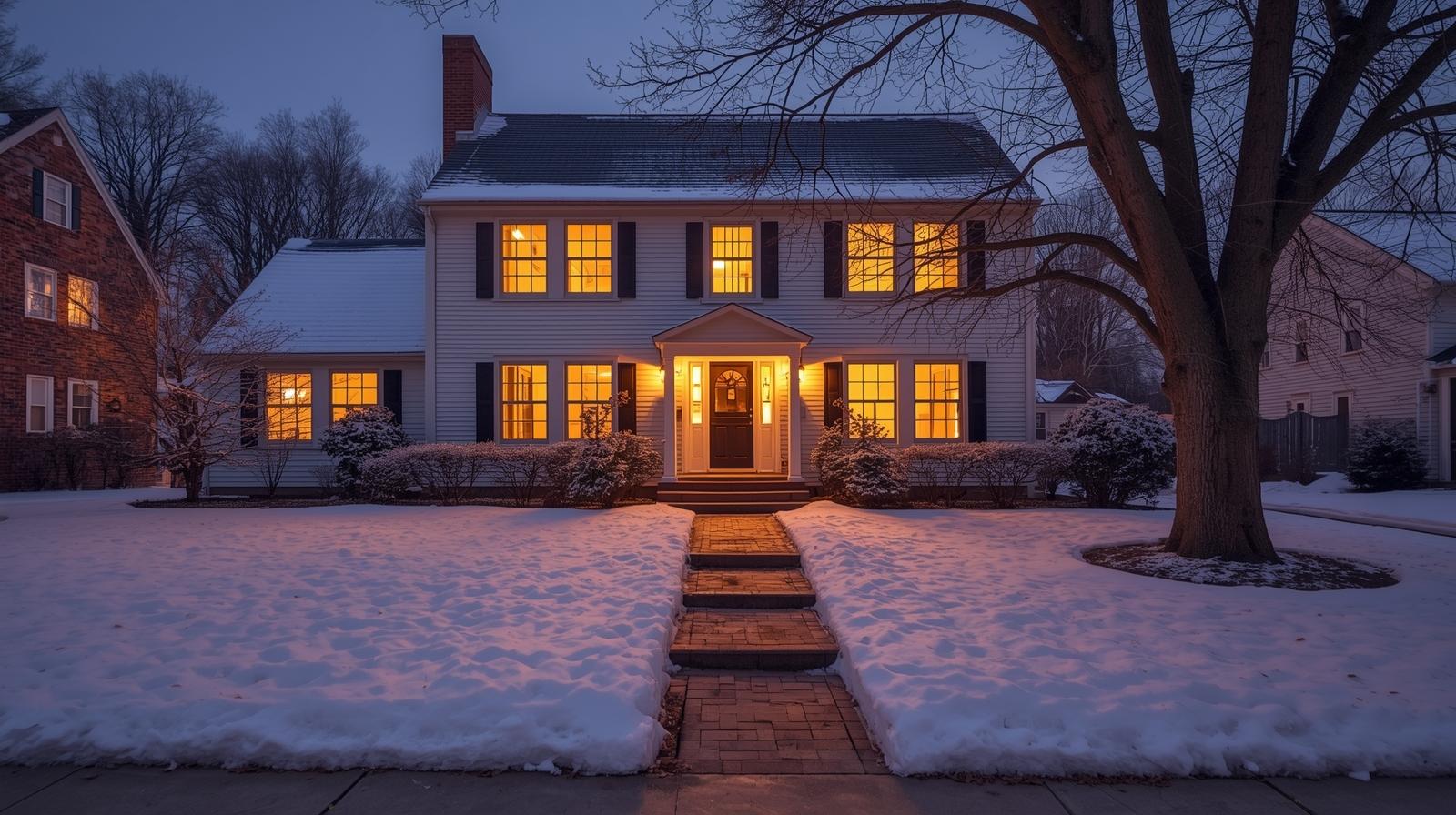 Warm, well-lit Rhode Island home exterior surrounded by winter snow, showcasing inviting curb appeal for seasonal home selling.