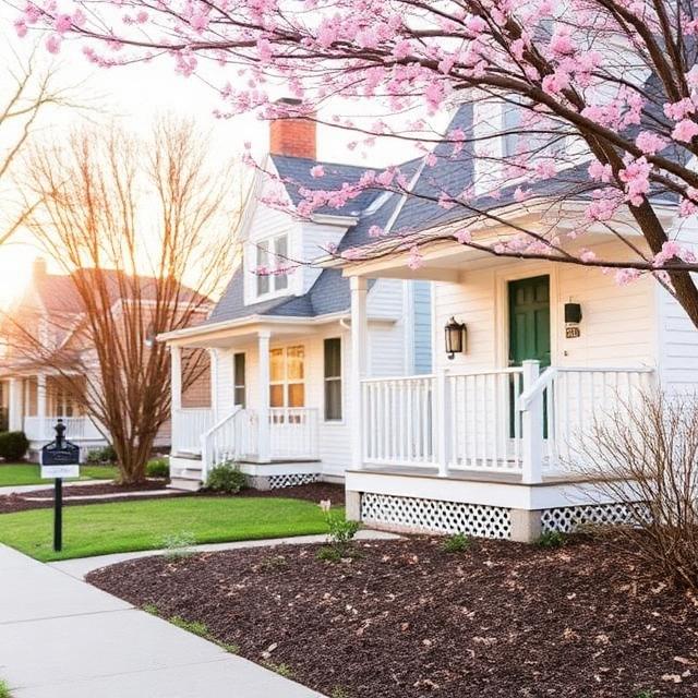 Charming Rhode Island home with early spring curb appeal under bright March sunlight.