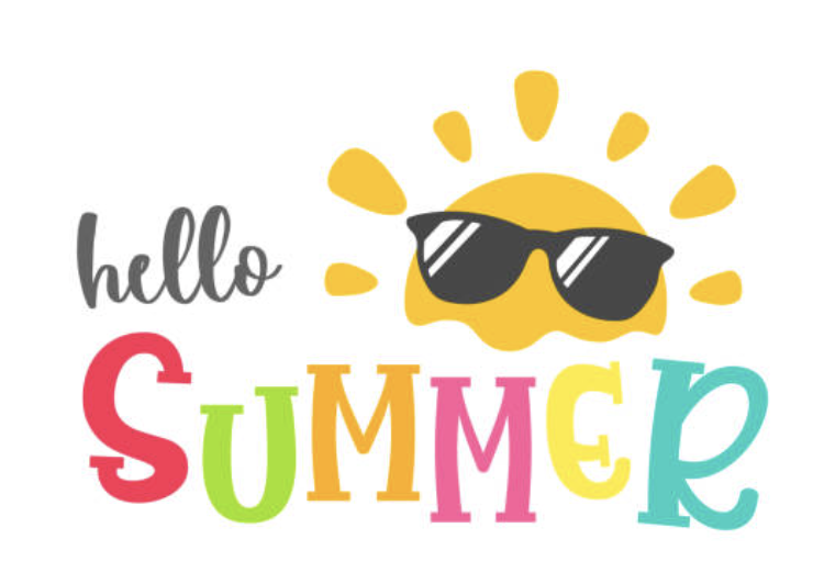 graphic of the words Hello Summer with the Sun wearing sunglasses