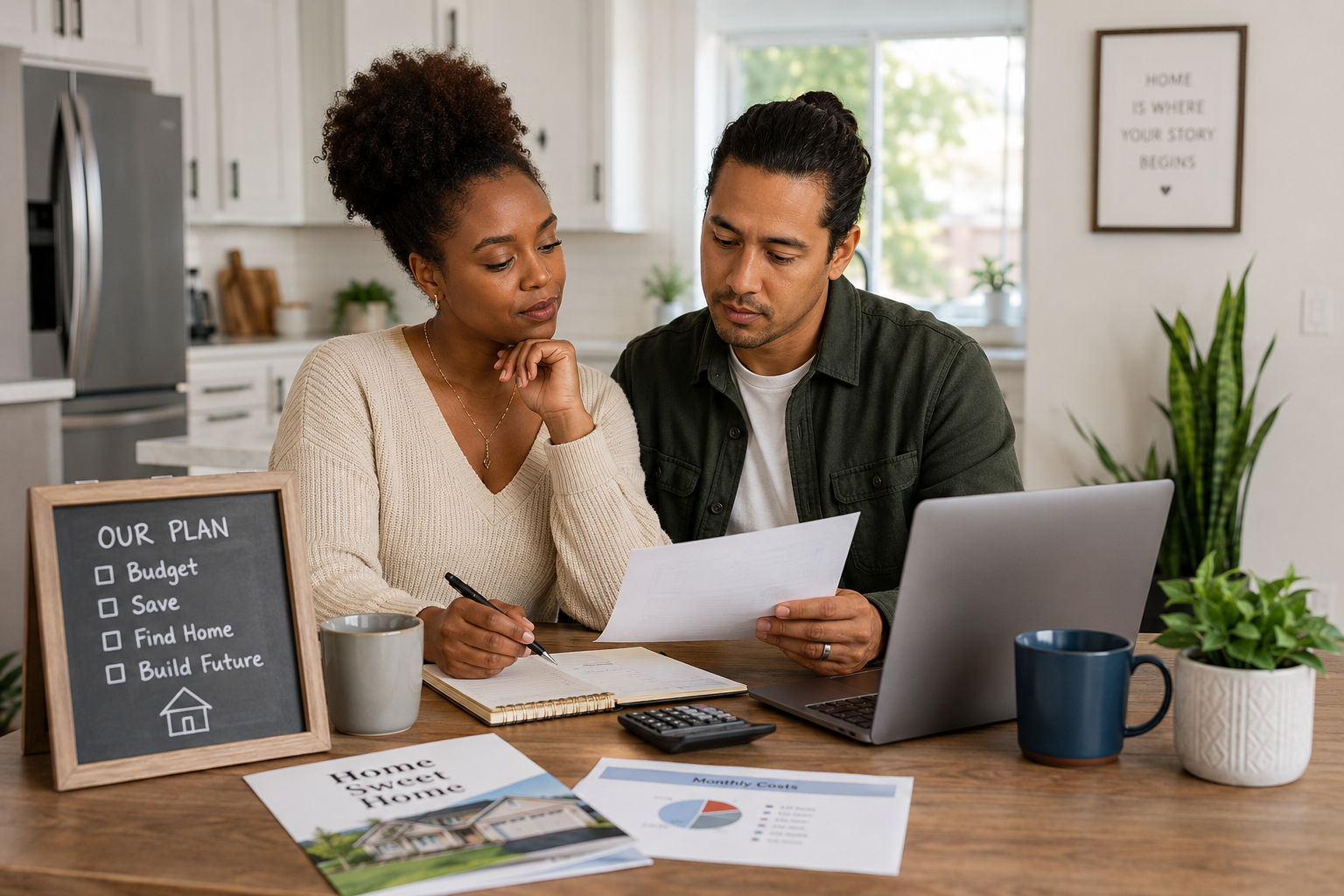 Young couple reviewing home buying finances in a modern kitchen while discussing the cost of waiting to purchase a home in Washington State.