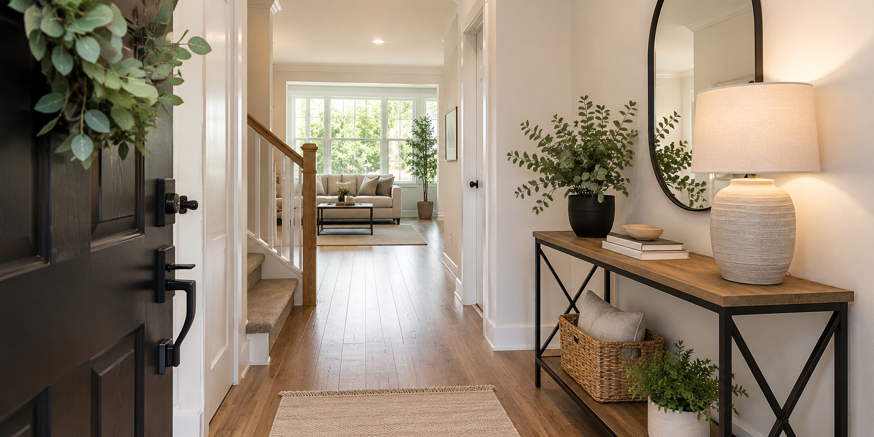 A bright, clean entryway with natural light, neutral decor, fresh greenery, and an inviting front door partially open as if buyers are arriving for a showing.
