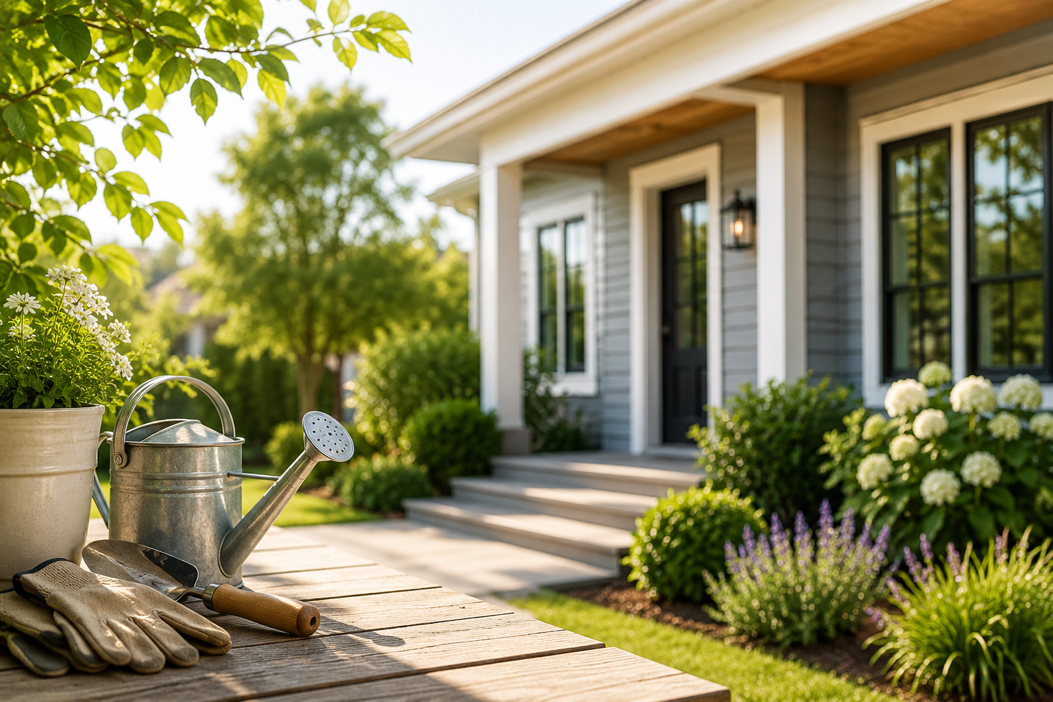 Bright summer home exterior with gardening tools and fresh landscaping showcasing seasonal home maintenance and curb appeal.