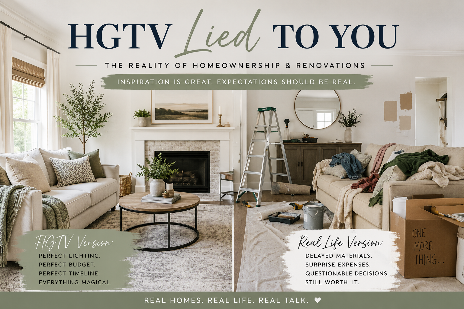 Modern living room with staged decor and subtle signs of real-life homeownership and renovation projects