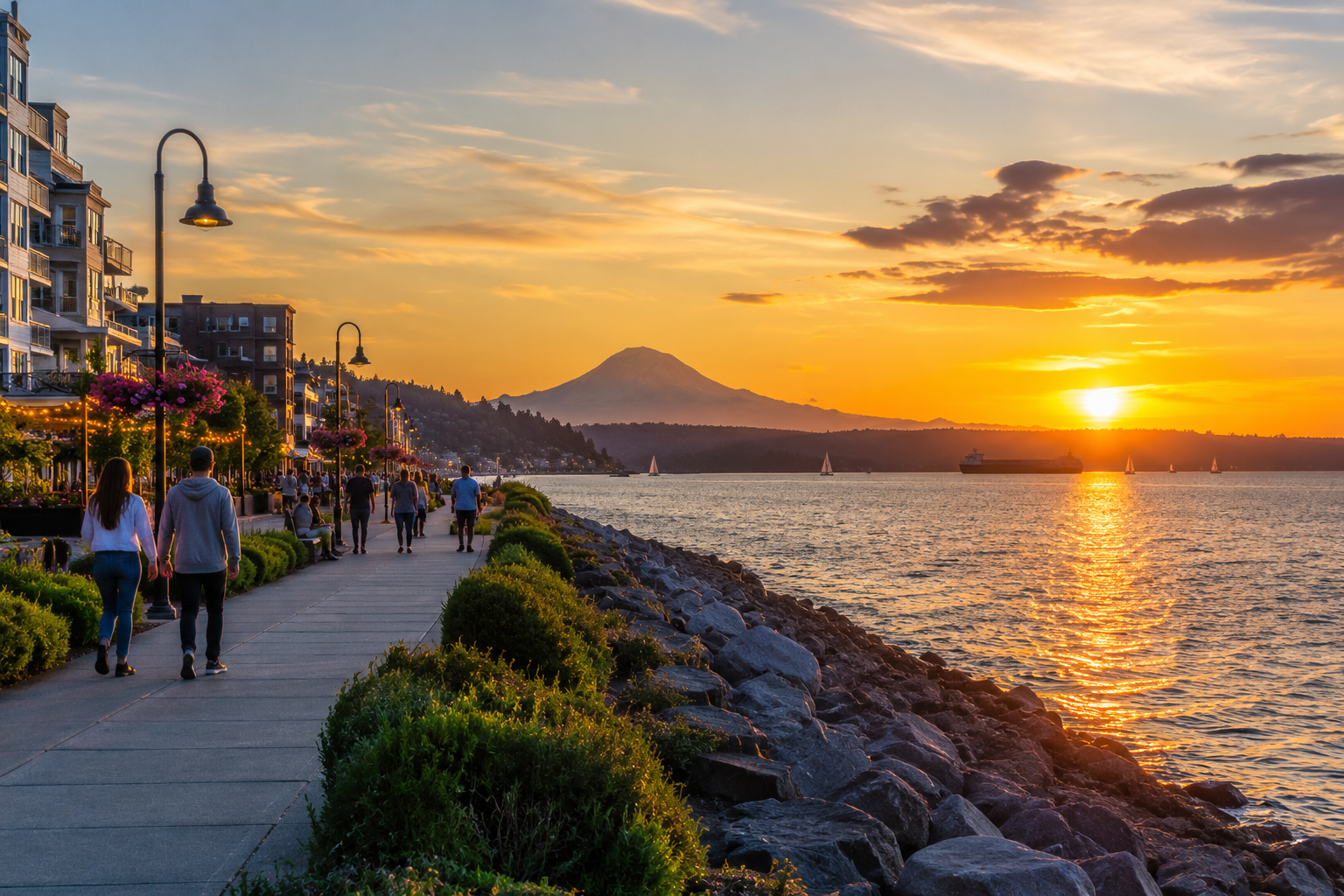 Summer sunset along Tacoma’s waterfront with people enjoying Ruston Way near Puget Sound.