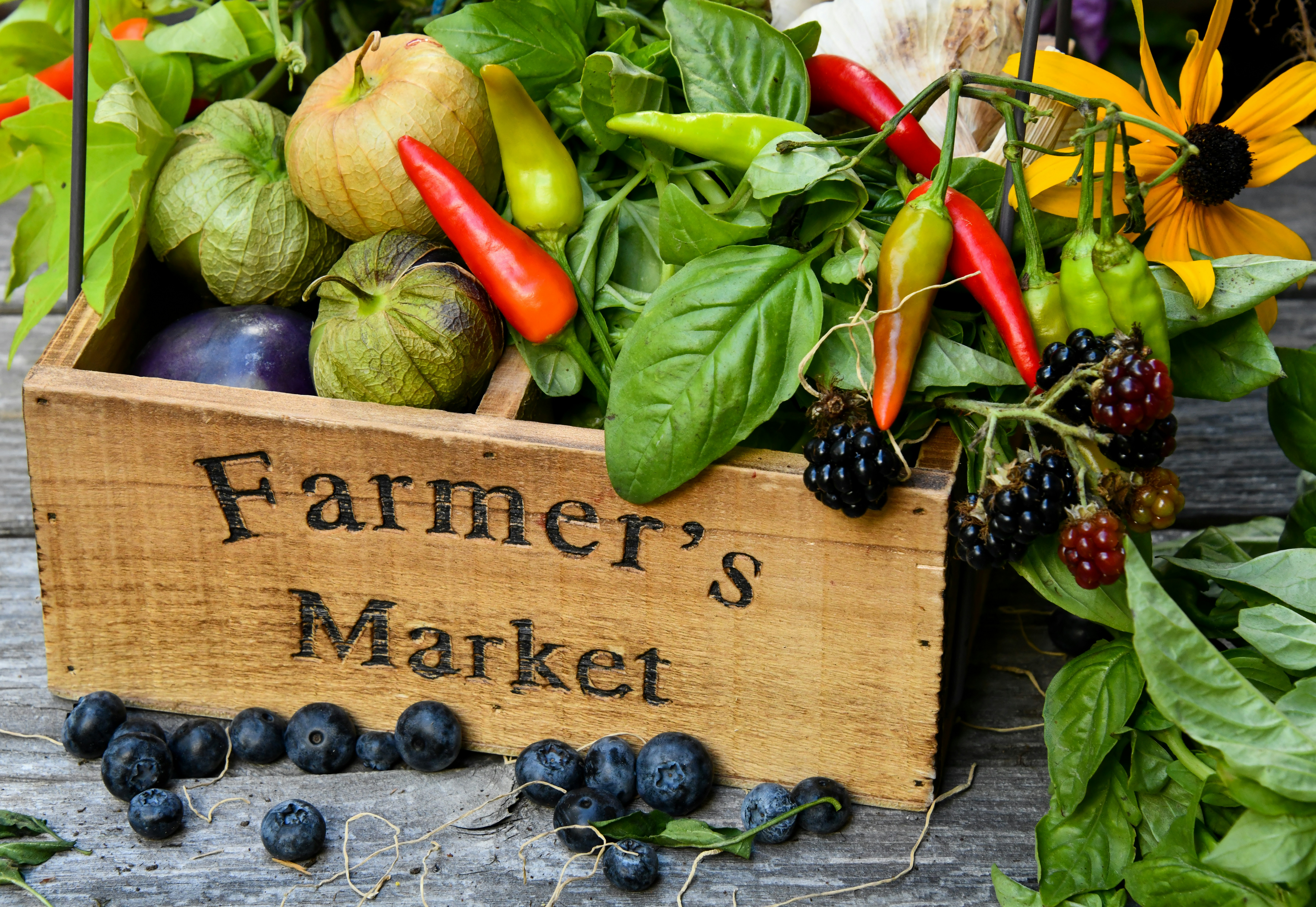 Farmer's Market Veggies in wooden bin