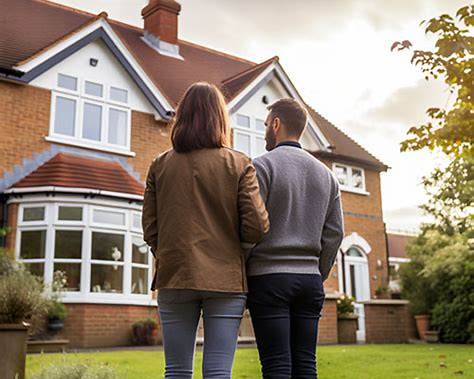 Couple looking at luxury brick home