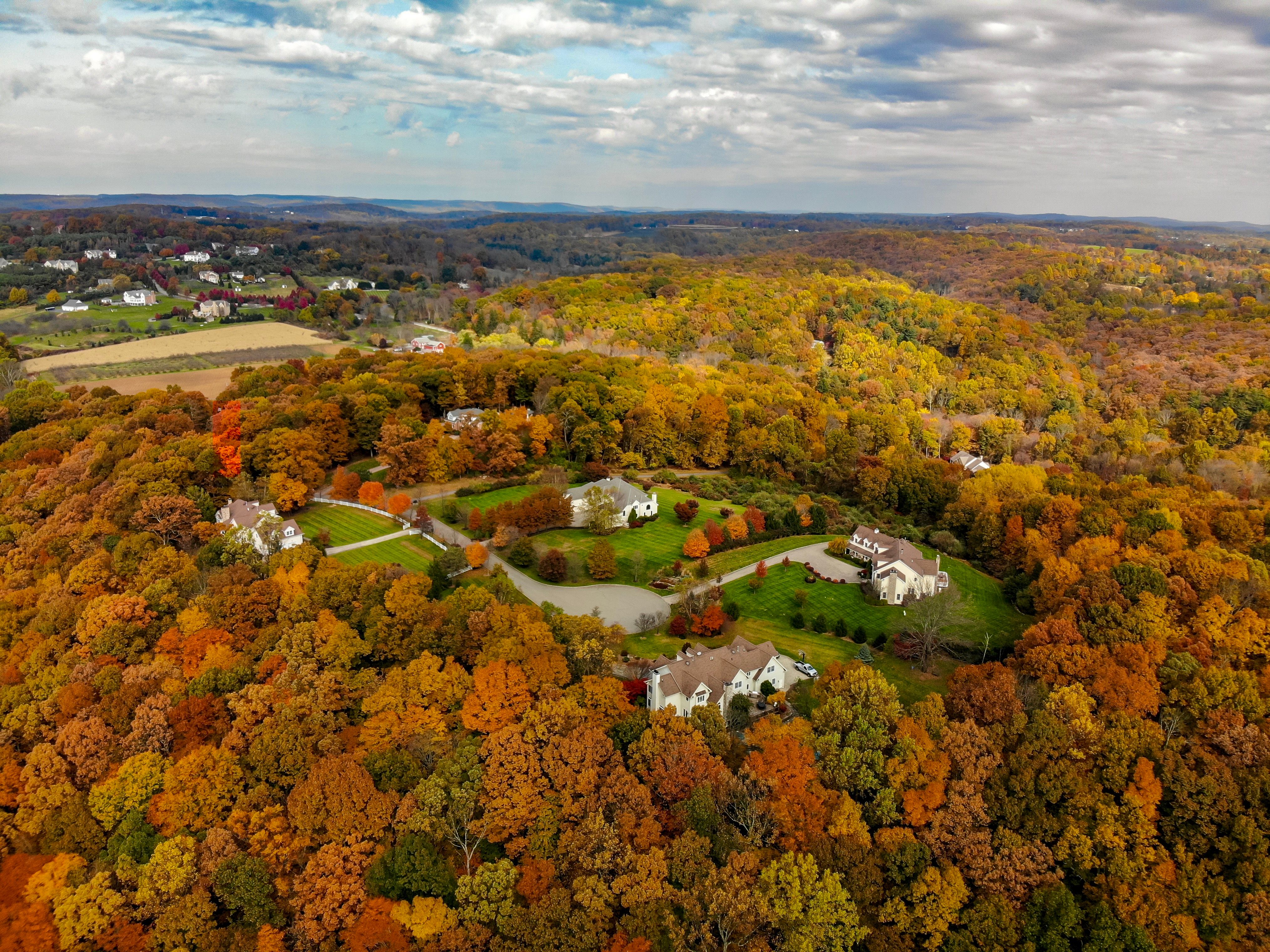 Aerial Photo New England neighborhood in Autumn