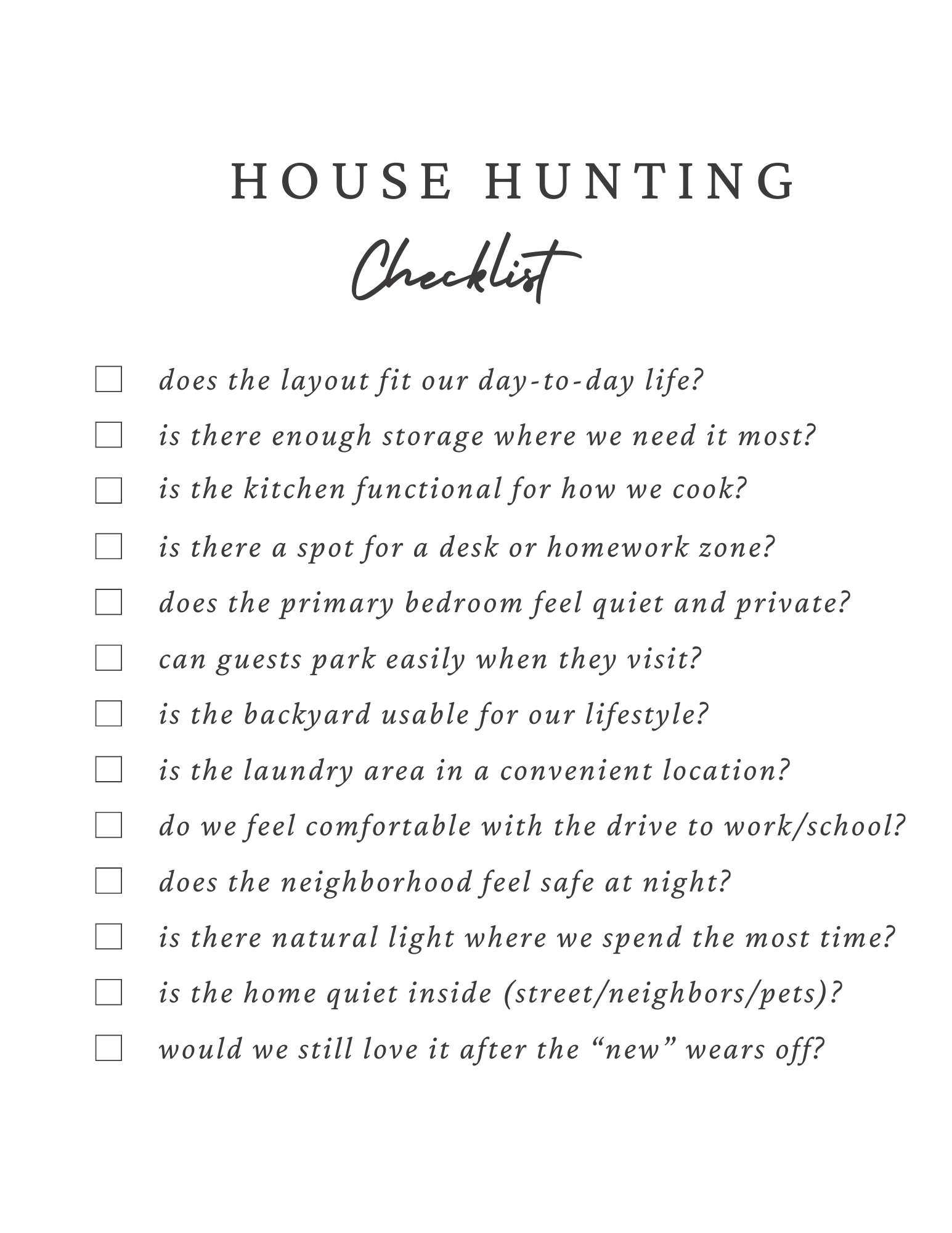 House hunting checklist graphic with a list of questions to ask while touring homes to avoid buyer regrets.