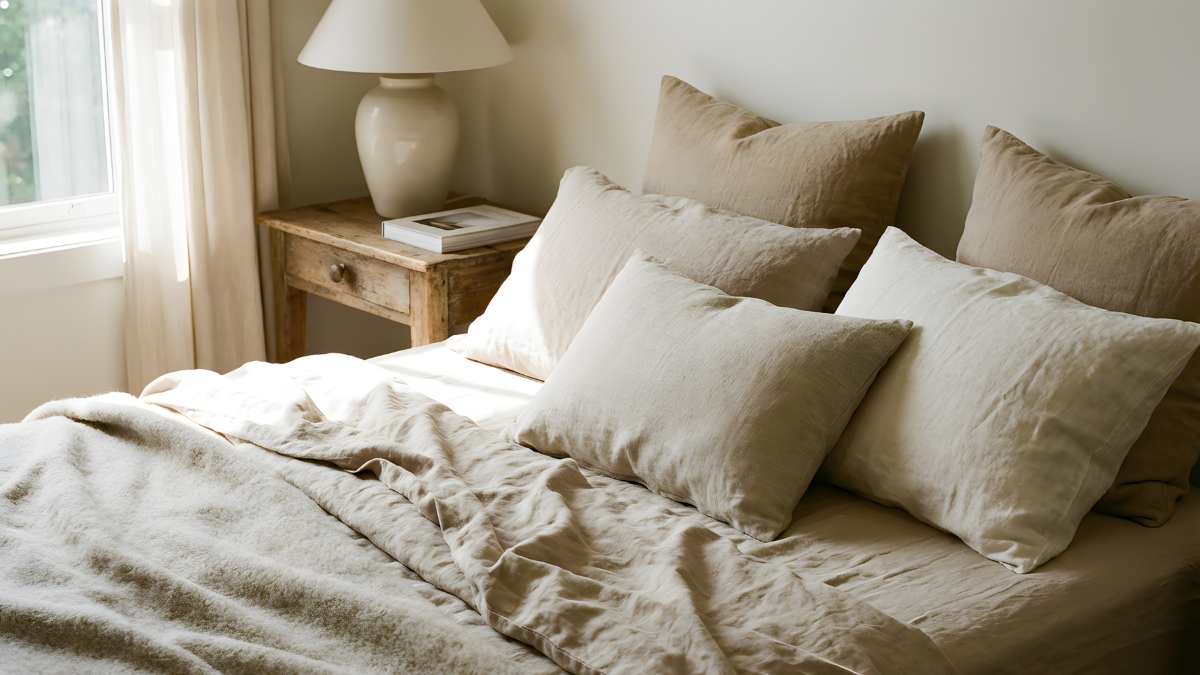 Calm neutral bedroom with soft beige tones used as the feature image for a blog about improving your credit score to buy a home in Bakersfield.