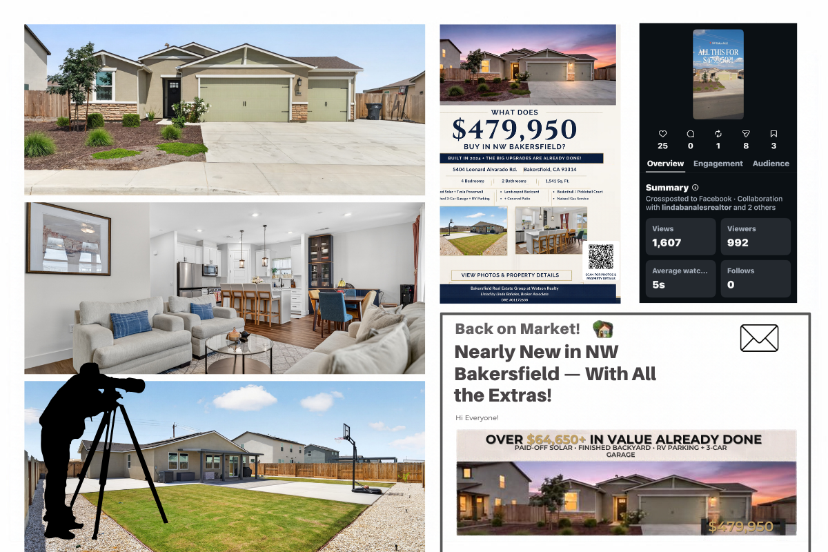 Marketing collage for 5404 Leonard Alvarado in Bakersfield showing professional property photos, a listing flyer, social media promotion and an email newsletter.