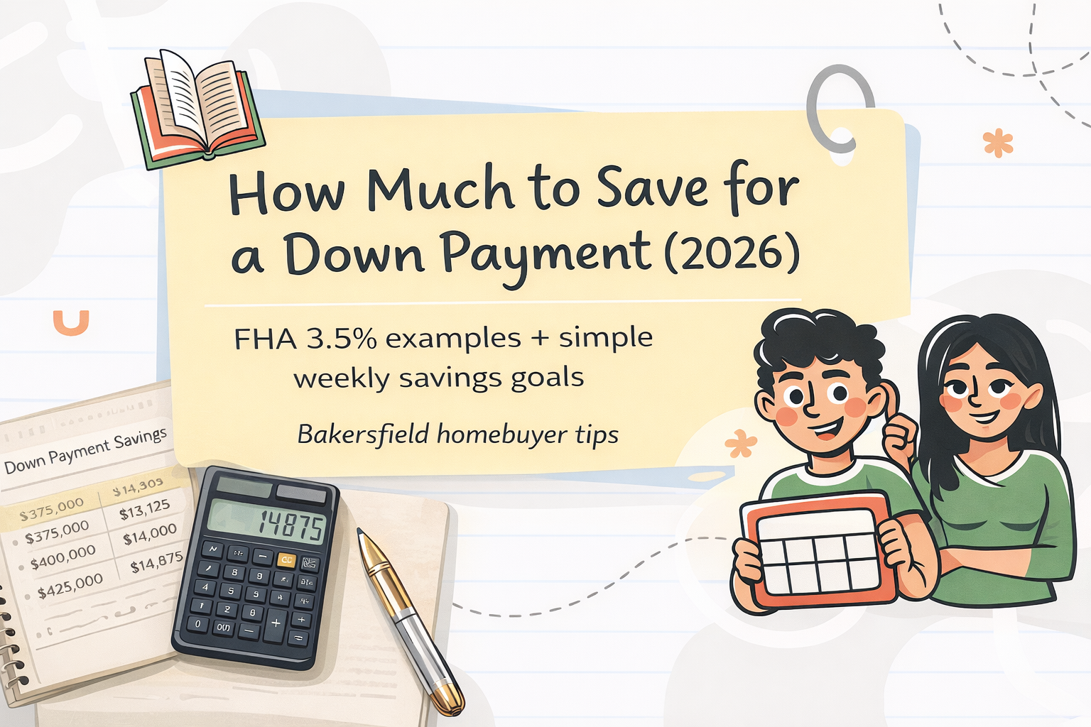 Home down payment savings guide showing how much buyers need to save and tips for planning a down payment on a home in Bakersfield.