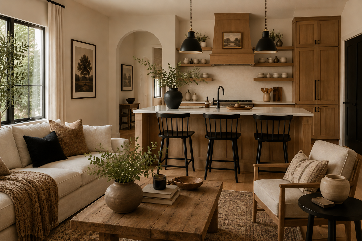 Beautiful neutral kitchen staged for sale with warm wood cabinets, black accents, and cozy modern farmhouse décor.