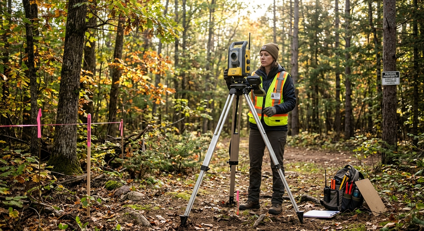Land surveyor marking property boundaries on rural Minnesota land