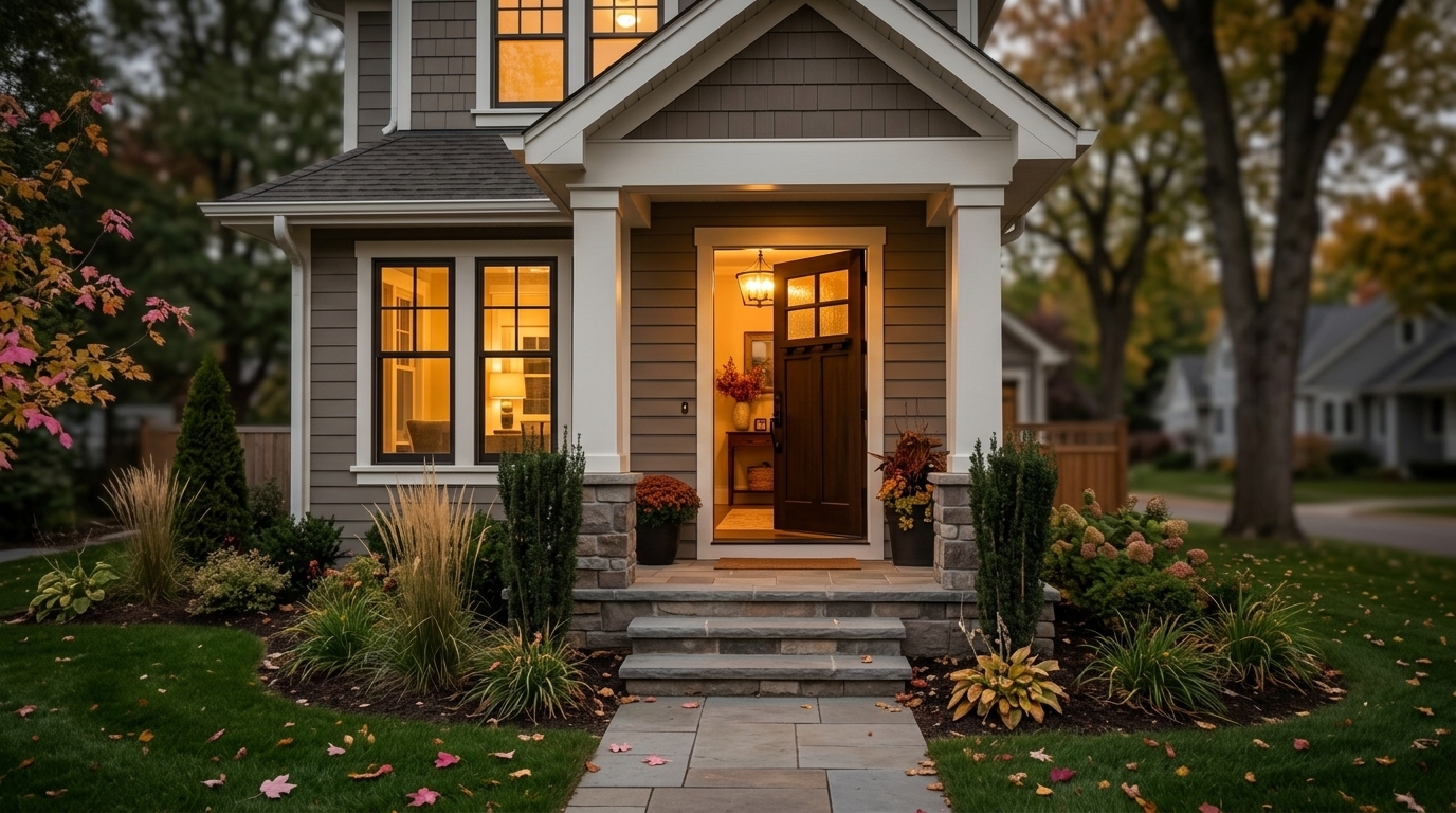 Welcoming home entry at dusk, representing questions to ask at a home showing