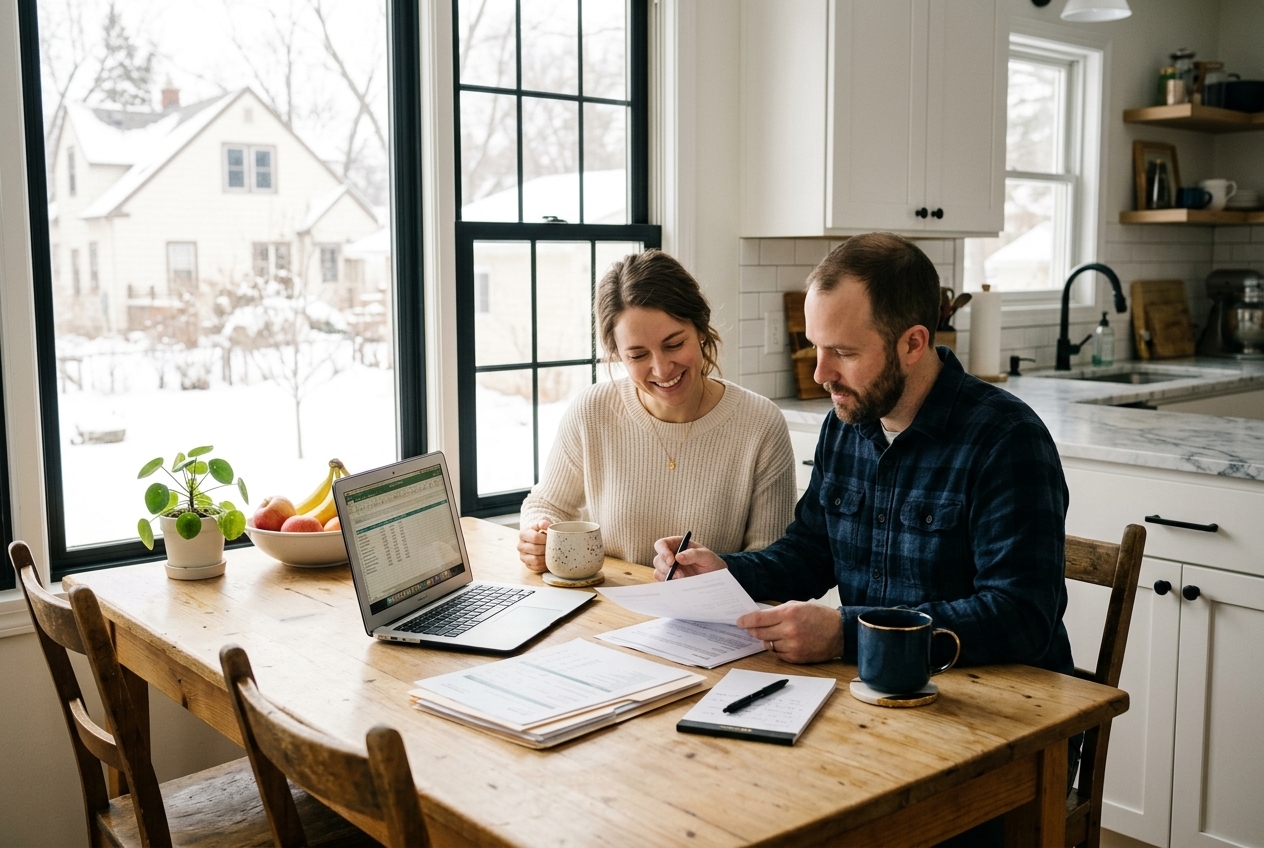 Homebuyers reviewing mortgage pre-approval paperwork at a kitchen table (Illustrative image)