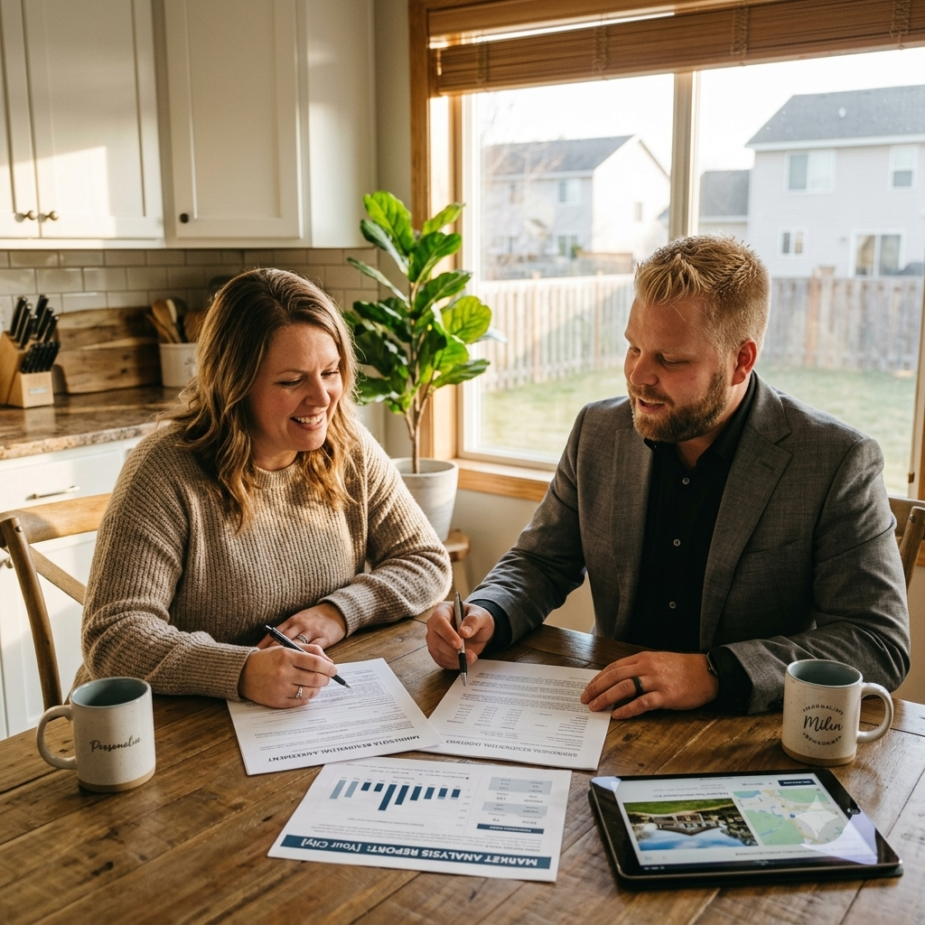 Real estate agent and homeowner at a listing appointment in Minnesota