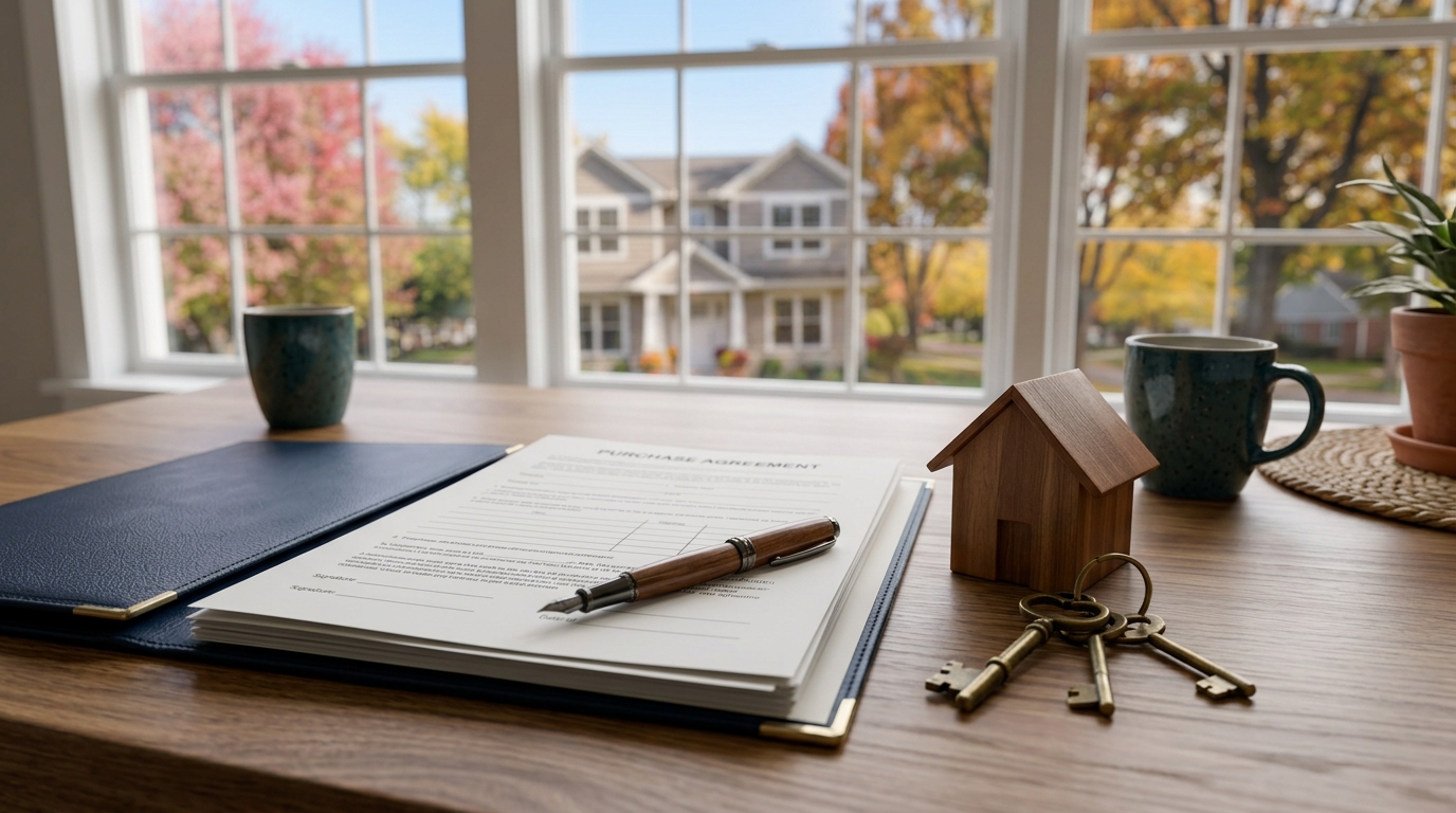 Purchase agreement, pen, and house keys on a desk representing earnest money in Minnesota