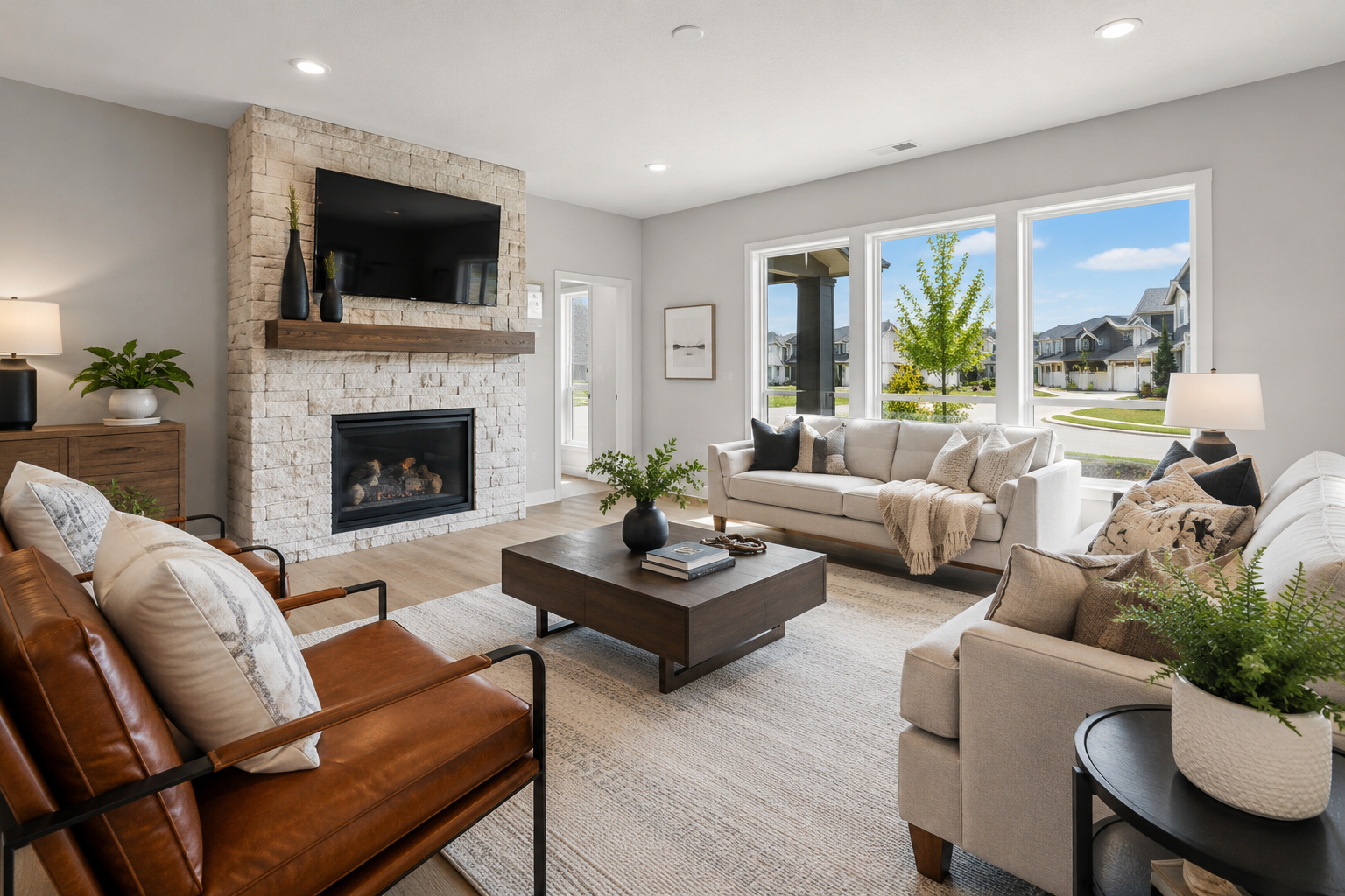 Professional real estate listing photo of a bright Minnesota living room