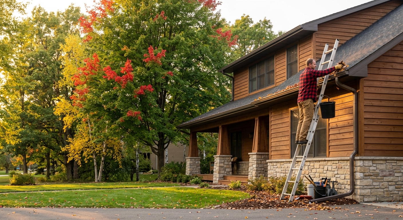 Fall home maintenance checklist Minnesota homeowner cleaning gutters