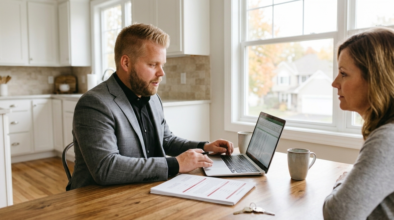 Homeowner and agent reviewing a purchase offer with seller-paid closing costs in Minnesota (Conceptual image.)