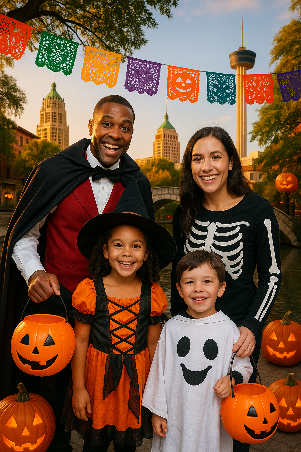 San Antonio Halloween, River Walk family photo, San Antonio family events, Halloween costumes, fall in San Antonio, Tower of the Americas, family fun Texas, festive downtown San Antonio