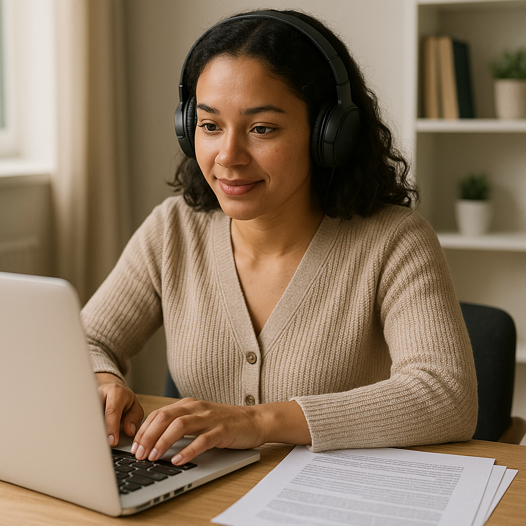 Listing Coordinator sitting at her desk reviewing client documents for a listing