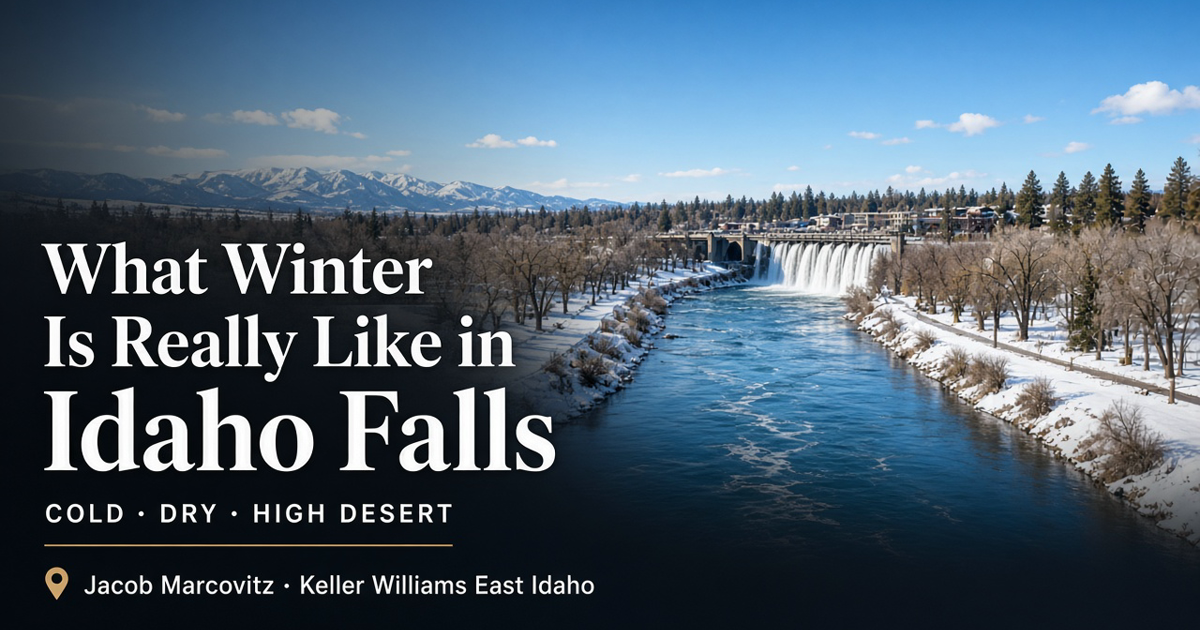 Sunny high-desert winter along the Snake River in Idaho Falls — cold, dry winters for relocating families