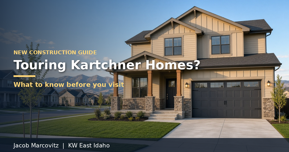 Illustrative two-story new home with a covered front porch and garage, with the title Touring Kartchner Homes? What to know before you visit