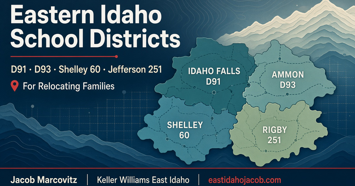 Eastern Idaho school districts map for relocating families — D91 Idaho Falls, D93 Ammon, Shelley 60, Jefferson 251 Rigby