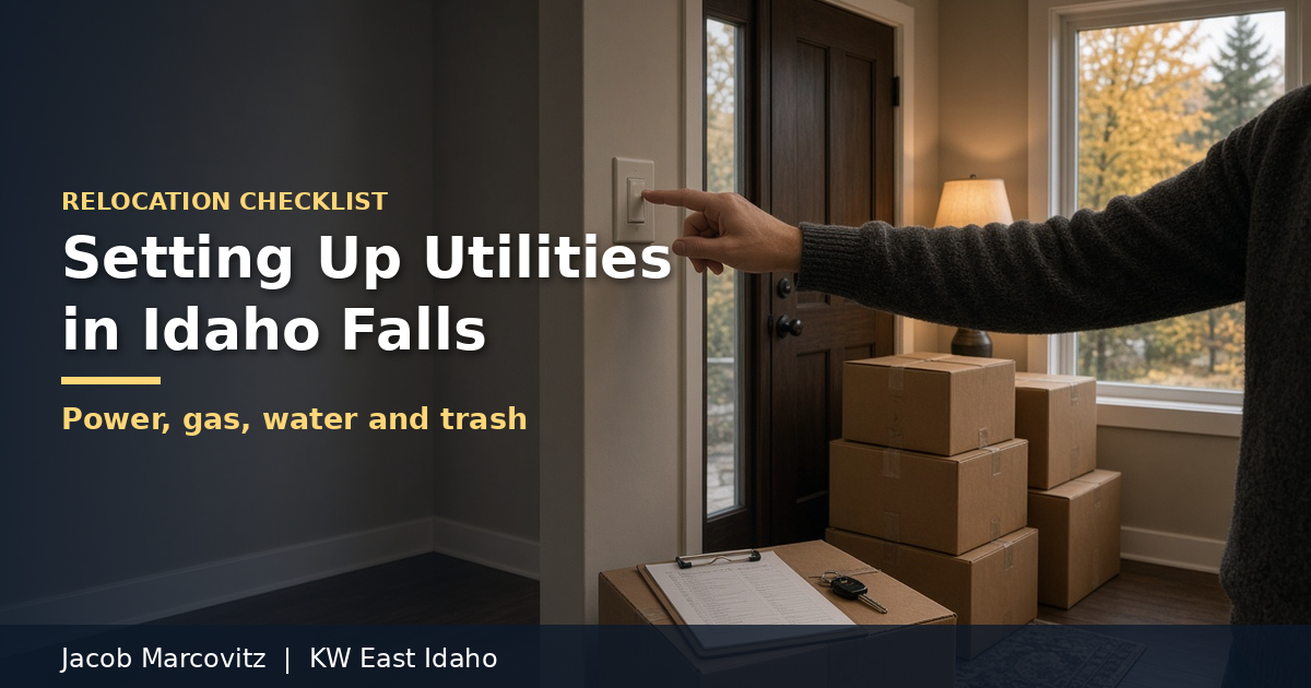 A hand reaching for a light switch beside stacked moving boxes, a clipboard and house keys in a new home's entryway; overlay text reads Relocation Checklist, Setting Up Utilities in Idaho Falls, Power, gas, water and trash, Jacob Marcovitz | KW East Idaho